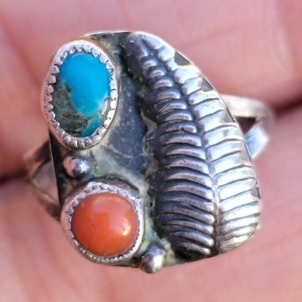 Native American handmade vintage 925 sterling silver turquoise + coral squash bl - Picture 12 of 13